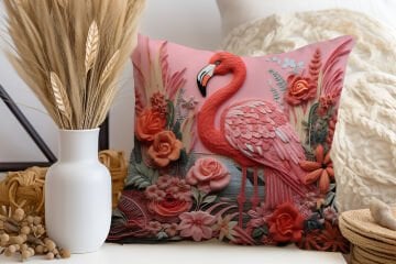 3D Flamingo Temalı Kırlent Paneli Dikilmemiş Kumaş