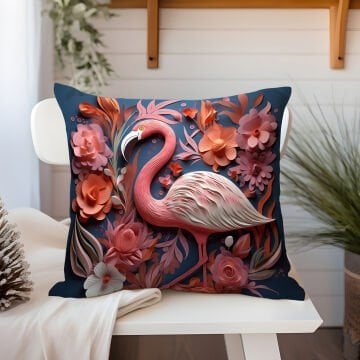 3D Flamingo Temalı Kırlent Paneli Dikilmemiş Kumaş