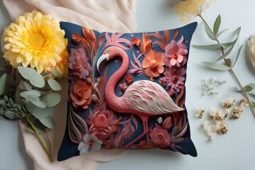 3D Flamingo Temalı Kırlent Paneli Dikilmemiş Kumaş