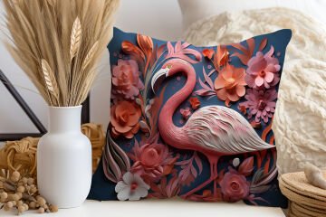 3D Flamingo Temalı Kırlent Paneli Dikilmemiş Kumaş