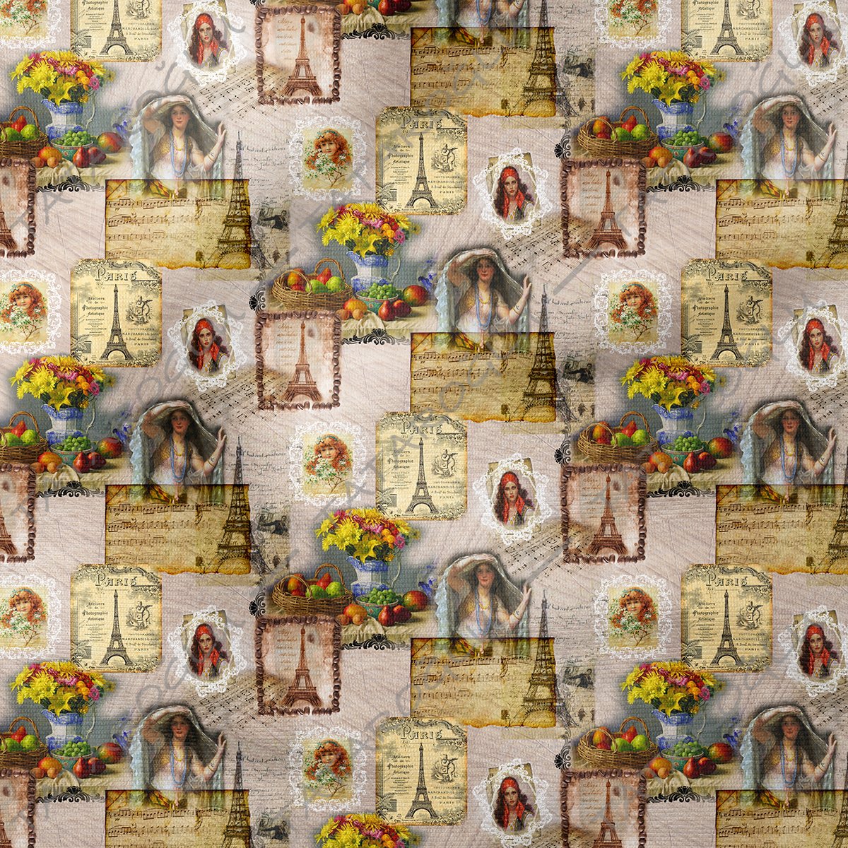 Krem Efektli Zemin Üzerine Müzik Notalı Vintage Kadınlar Desenli Kumaş