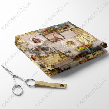 Vintage Women Patterned Fabric with Musical Notes on Cream Effect Background