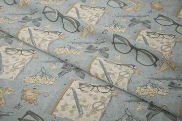 Gri Efektli Zemin Üzerine Gözlüklü Kitap Desenli Dijital Baskılı Kumaş