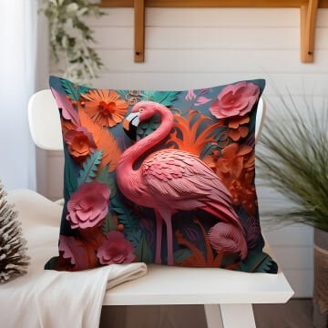 3D Flamingo Temalı Kırlent Paneli Dikilmemiş Kumaş