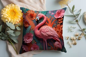 3D Flamingo Temalı Kırlent Paneli Dikilmemiş Kumaş