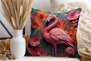3D Flamingo Temalı Kırlent Paneli Dikilmemiş Kumaş