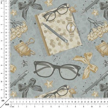 Gri Efektli Zemin Üzerine Gözlüklü Kitap Desenli Dijital Baskılı Kumaş