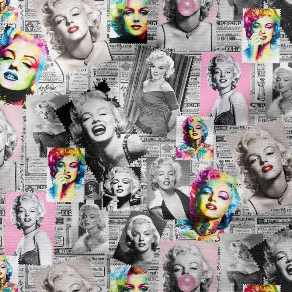 Eski Gazete Zeminli Renkli Marliyn Monroe Desenli Kumaş