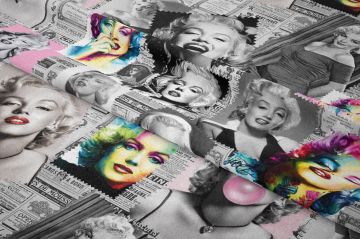Eski Gazete Zeminli Renkli Marliyn Monroe Desenli Kumaş