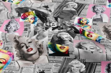 Eski Gazete Zeminli Renkli Marliyn Monroe Desenli Kumaş