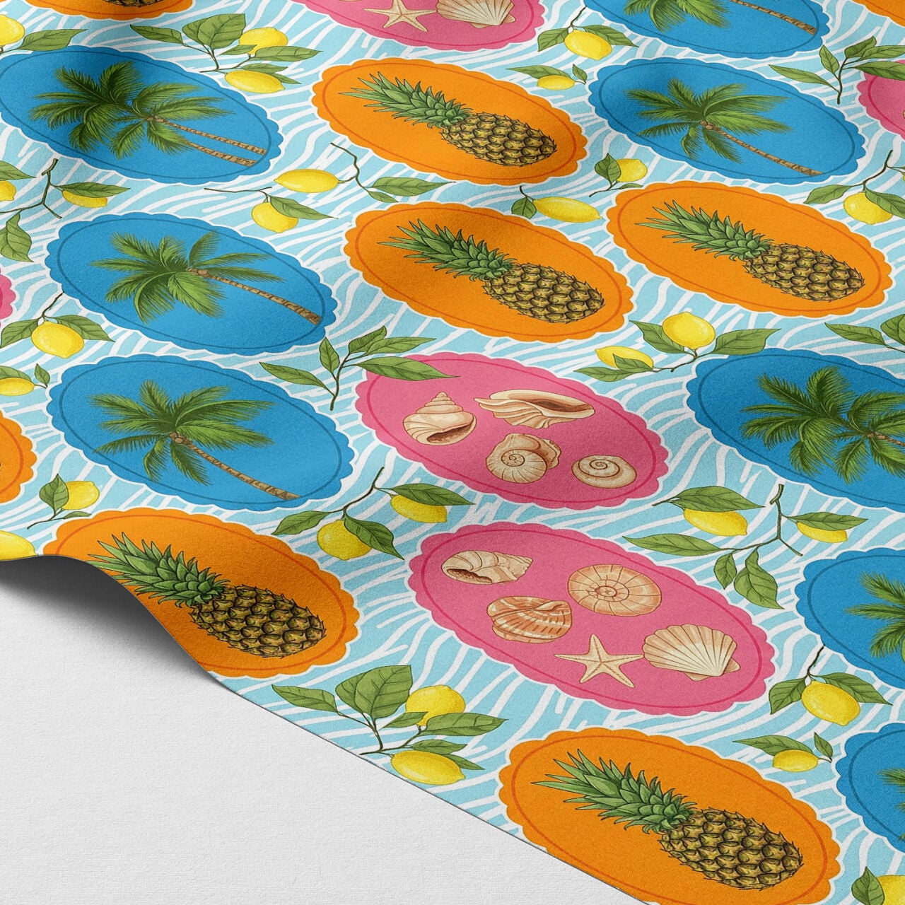 Ananas Palmiye Madalyon Desenli Kumaş | Leke Tutmaz Dijital Baskılı Dekoratif Kumaş 143 cm