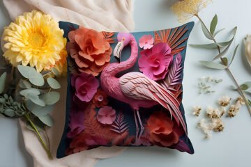 3D Flamingo Temalı Kırlent Paneli Dikilmemiş Kumaş