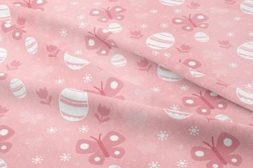 Happy Easter / Paskalya Koleksiyonu Pembe Zeminli Beyaz Yumurtalı Pembe Kelebekli Çok Amaçlı Dekoratif Dijital Baskı Kumaş