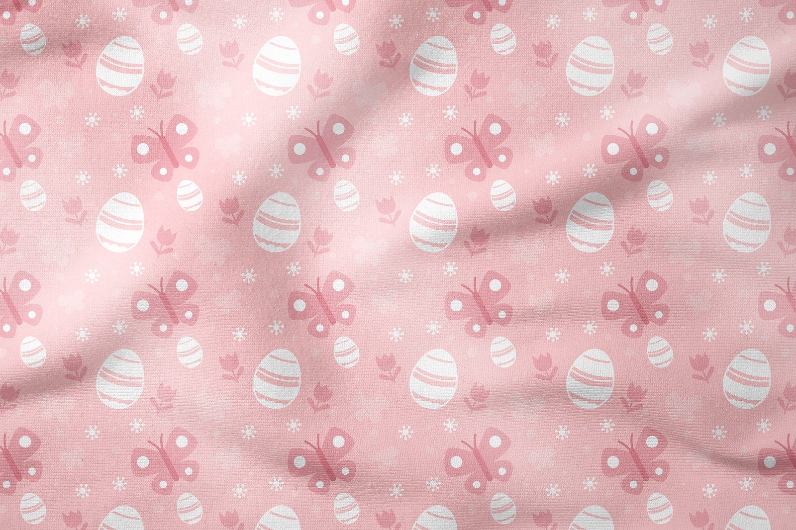 Happy Easter / Paskalya Koleksiyonu Pembe Zeminli Beyaz Yumurtalı Pembe Kelebekli Çok Amaçlı Dekoratif Dijital Baskı Kumaş
