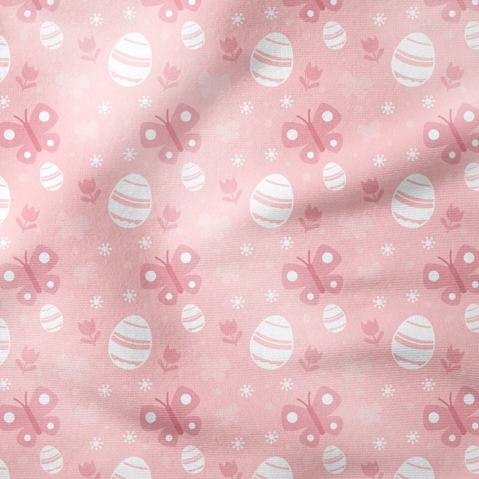 Happy Easter / Paskalya Koleksiyonu Pembe Zeminli Beyaz Yumurtalı Pembe Kelebekli Çok Amaçlı Dekoratif Dijital Baskı Kumaş