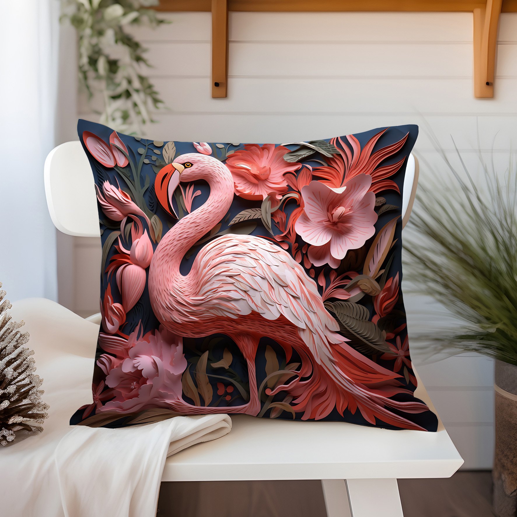 3D Flamingo Temalı Kırlent Paneli Dikilmemiş Kumaş