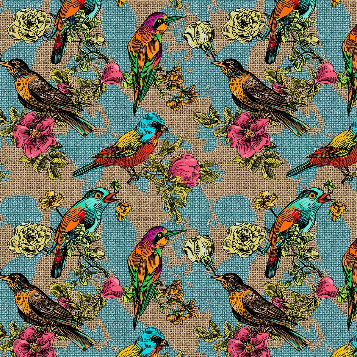 Floral Bird Pattern Digital Printed Fabric on Blue Brown Jute-Looking Background (FALL SALE)