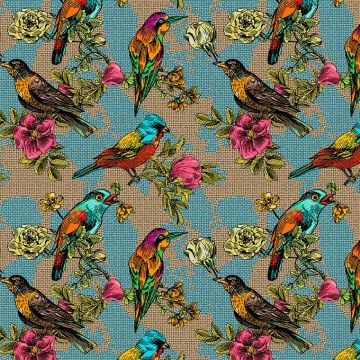 Floral Bird Pattern Digital Printed Fabric on Blue Brown Jute-Looking Background (FALL SALE)
