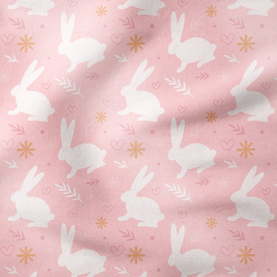Happy Easter / Paskalya Koleksiyonu Pembe Zeminli Tavşanlı Kalpli Çok Amaçlı Dekoratif Dijital Baskı Kumaş