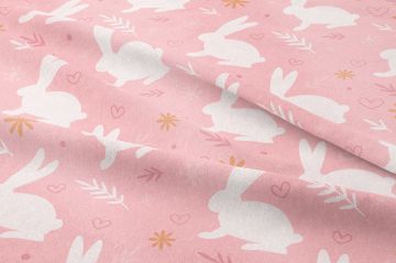 Happy Easter / Paskalya Koleksiyonu Pembe Zeminli Tavşanlı Kalpli Çok Amaçlı Dekoratif Dijital Baskı Kumaş