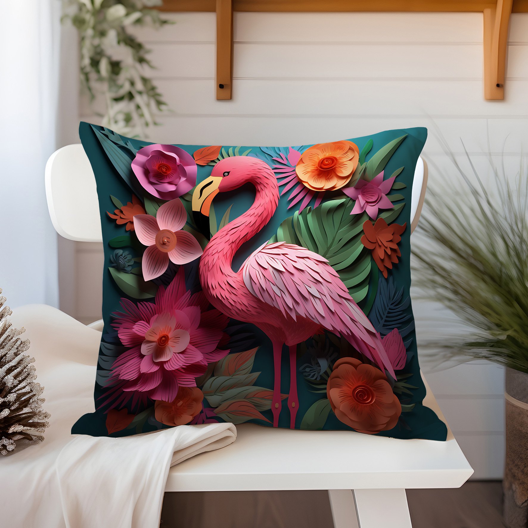 3D Flamingo Temalı Kırlent Paneli Dikilmemiş Kumaş