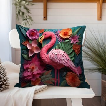 3D Flamingo Temalı Kırlent Paneli Dikilmemiş Kumaş