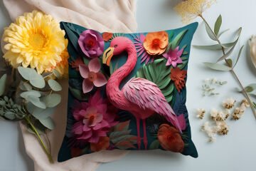 3D Flamingo Temalı Kırlent Paneli Dikilmemiş Kumaş