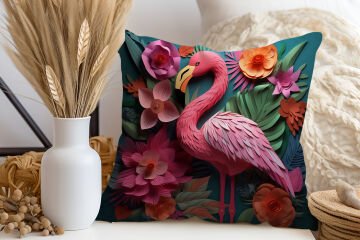 3D Flamingo Temalı Kırlent Paneli Dikilmemiş Kumaş