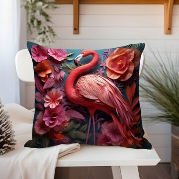 3D Flamingo Temalı Kırlent Paneli Dikilmemiş Kumaş