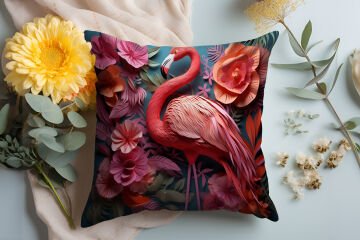 3D Flamingo Temalı Kırlent Paneli Dikilmemiş Kumaş