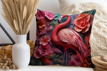 3D Flamingo Temalı Kırlent Paneli Dikilmemiş Kumaş