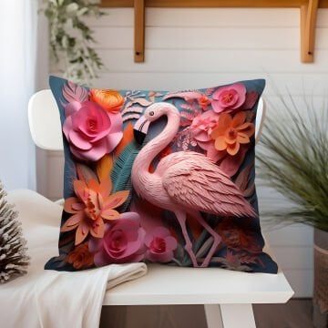 3D Flamingo Temalı Kırlent Paneli Dikilmemiş Kumaş