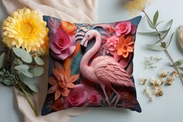 3D Flamingo Temalı Kırlent Paneli Dikilmemiş Kumaş