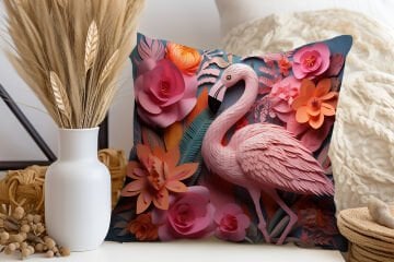 3D Flamingo Temalı Kırlent Paneli Dikilmemiş Kumaş