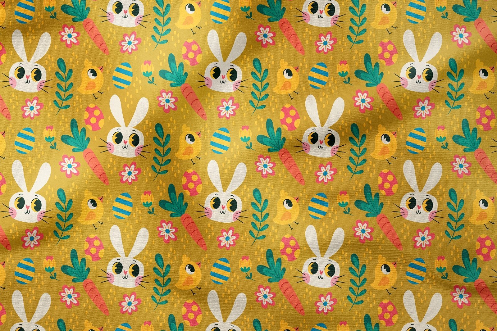 Happy Easter / Paskalya Koleksiyonu Hardal Rengi Zeminli Yumurtalı, Tavşanlı, Civcivli, Havuçlu Çok Amaçlı Dekoratif Dijital Baskı Kumaş