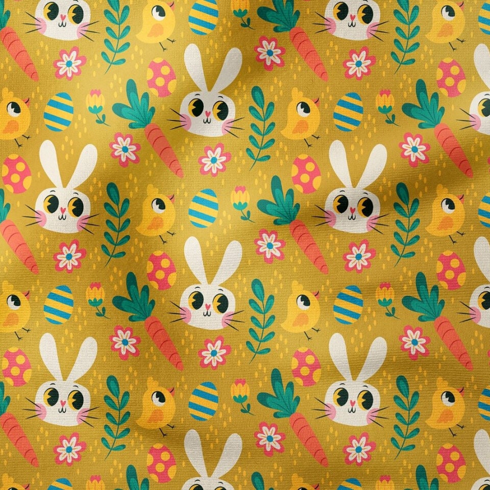 Happy Easter / Paskalya Koleksiyonu Hardal Rengi Zeminli Yumurtalı, Tavşanlı, Civcivli, Havuçlu Çok Amaçlı Dekoratif Dijital Baskı Kumaş