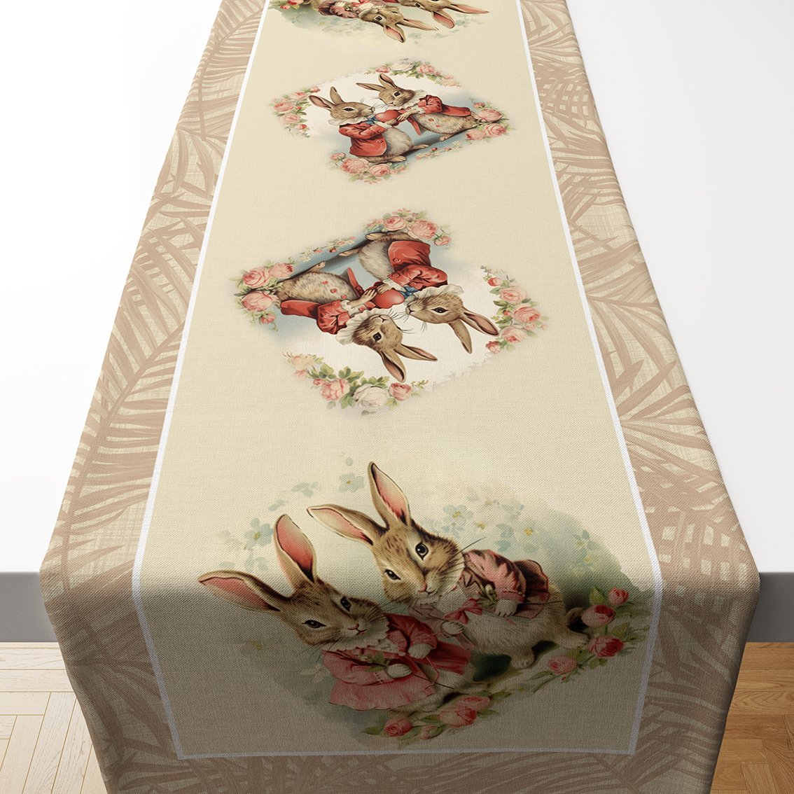 Happy Easter / Vintage Paskalya Kenarları Yapraklı Tavşanlı Runner Kumaş Paneli Dikilmemiş