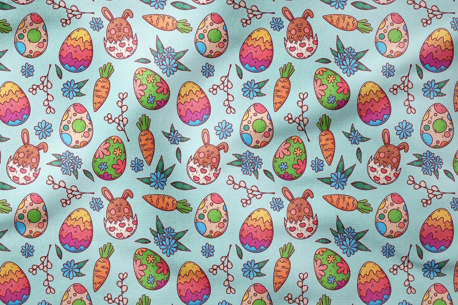 Happy Easter / Paskalya Koleksiyonu Mavi Zeminli Yumurtanın İçinde Tavşanlı, Havuçlu Çok Amaçlı Dekoratif Dijital Baskı Kumaş