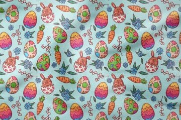 Happy Easter / Paskalya Koleksiyonu Mavi Zeminli Yumurtanın İçinde Tavşanlı, Havuçlu Çok Amaçlı Dekoratif Dijital Baskı Kumaş