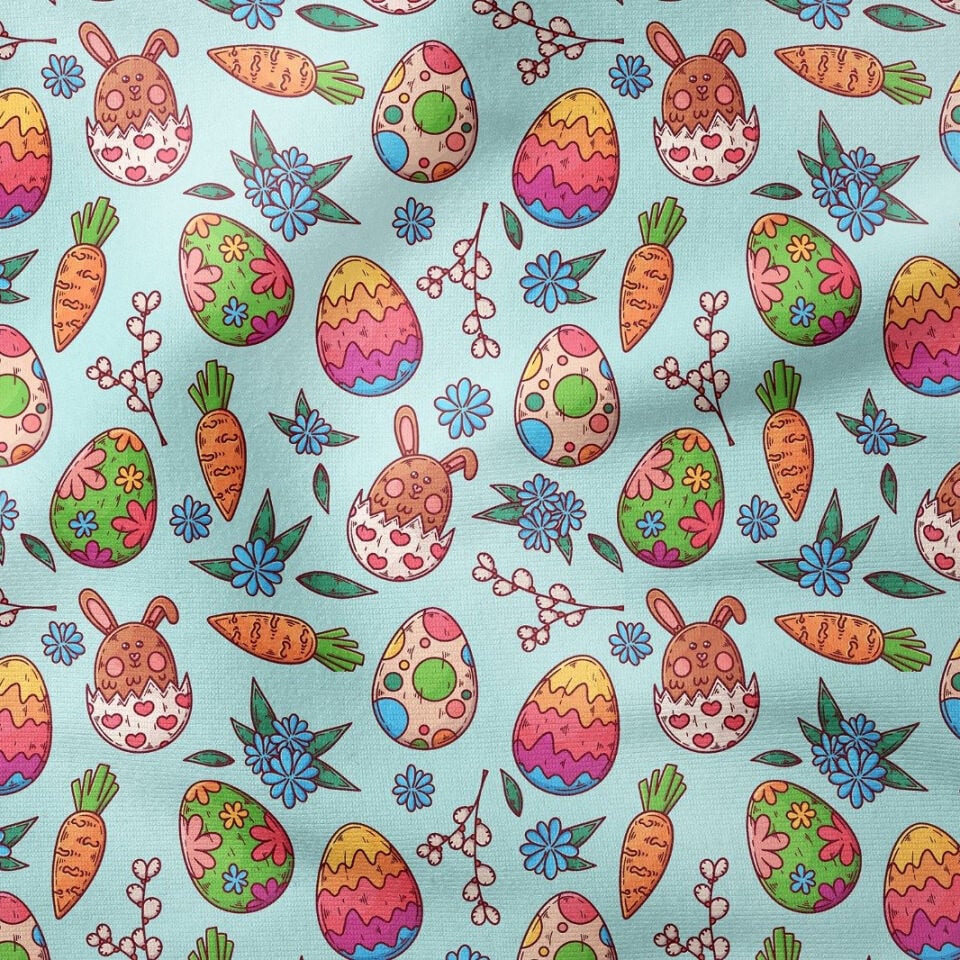 Happy Easter / Paskalya Koleksiyonu Mavi Zeminli Yumurtanın İçinde Tavşanlı, Havuçlu Çok Amaçlı Dekoratif Dijital Baskı Kumaş