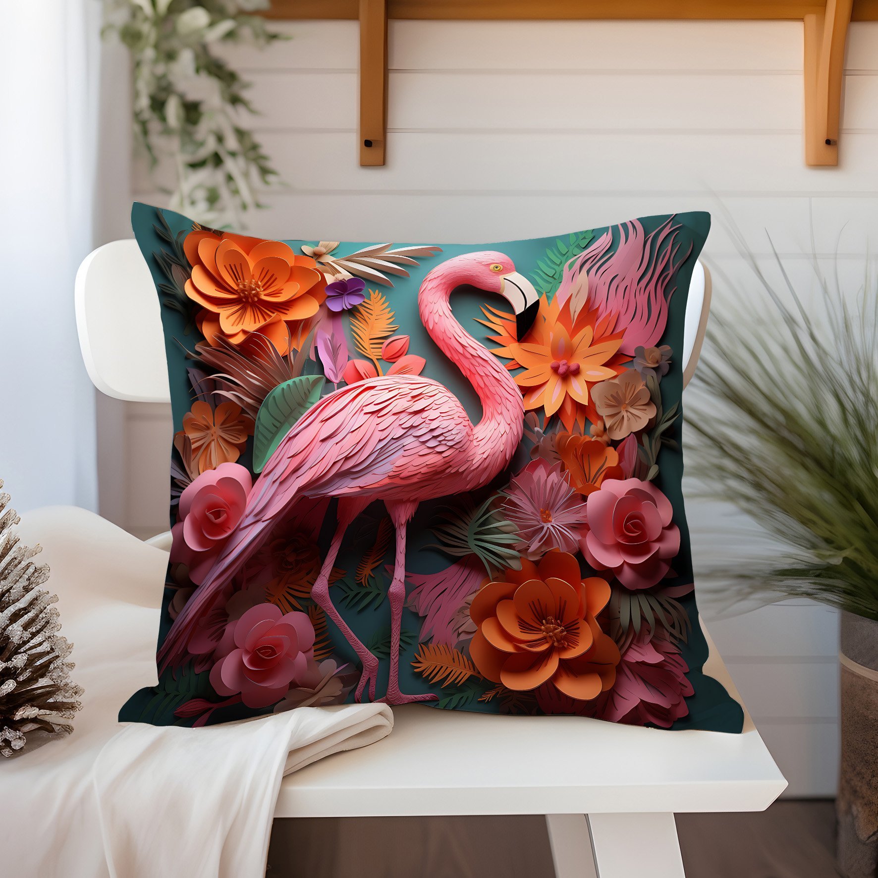 3D Flamingo Themed Cushion Panel Non-Sew Fabric