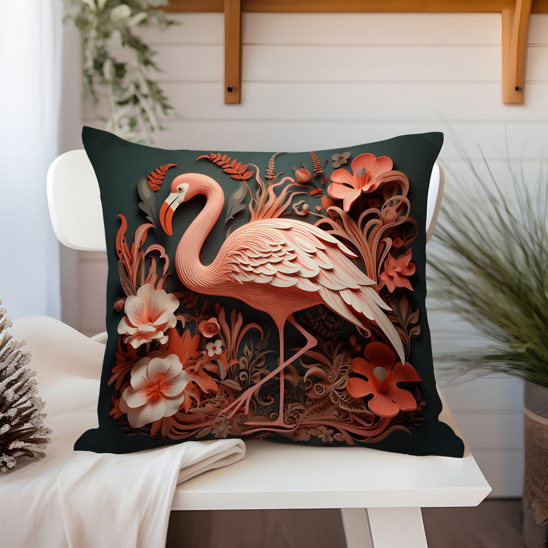 3D Flamingo Temalı Kırlent Paneli Dikilmemiş Kumaş