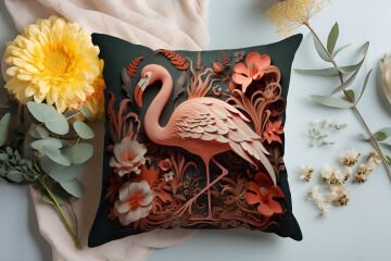 3D Flamingo Temalı Kırlent Paneli Dikilmemiş Kumaş