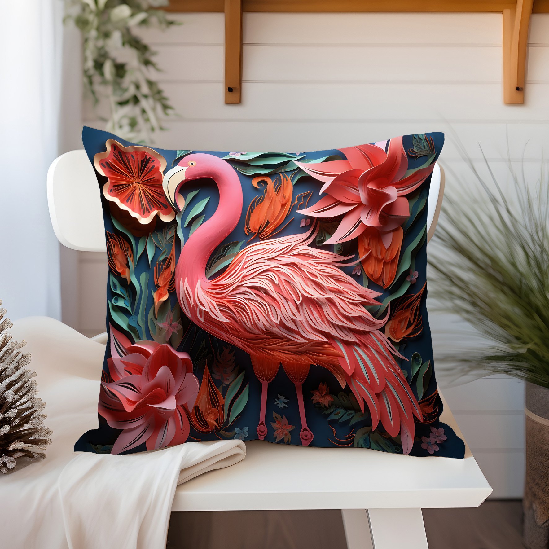 3D Flamingo Temalı Kırlent Paneli Dikilmemiş Kumaş