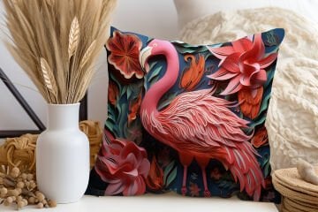 3D Flamingo Temalı Kırlent Paneli Dikilmemiş Kumaş