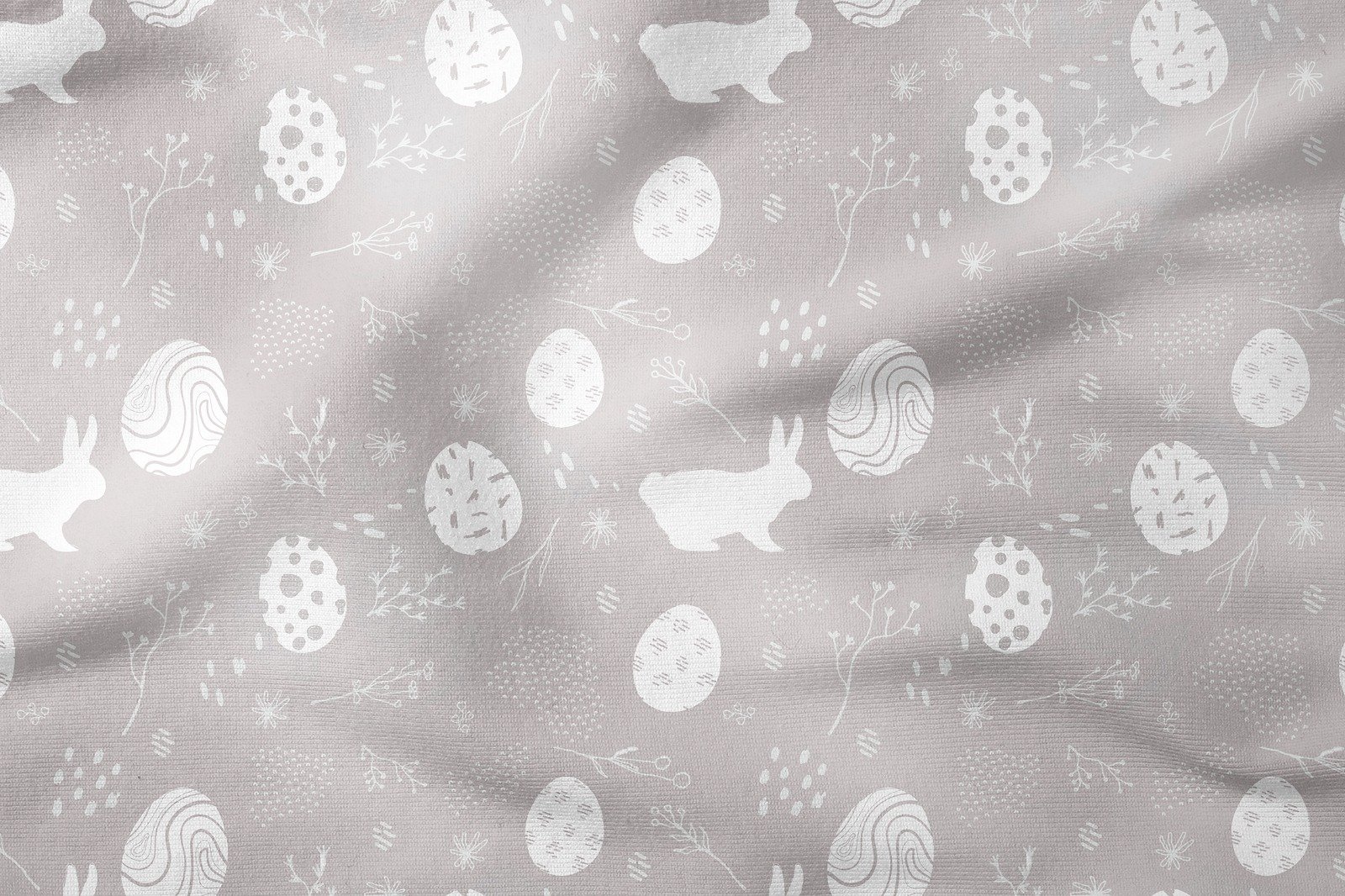 Happy Easter / Paskalya Koleksiyonu Gri Zeminli Yumurtalı, Tavşanlı Çok Amaçlı Dekoratif Dijital Baskı Kumaş