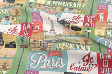 Fransa Paris Temalı Patchwork Desenli Dijital Baskılı Kumaş