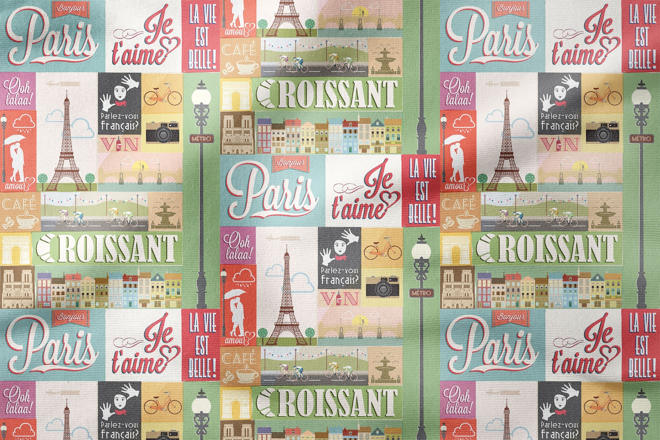 Fransa Paris Temalı Patchwork Desenli Dijital Baskılı Kumaş