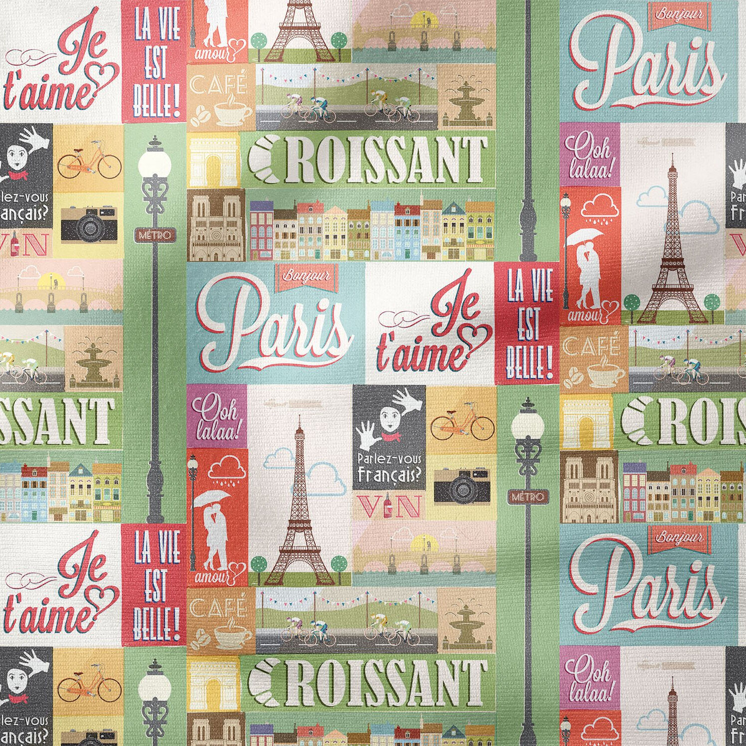 Fransa Paris Temalı Patchwork Desenli Dijital Baskılı Kumaş