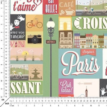 Fransa Paris Temalı Patchwork Desenli Dijital Baskılı Kumaş